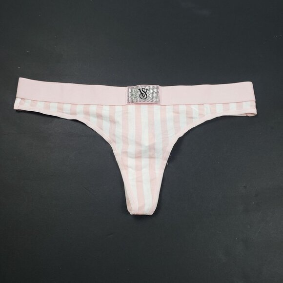 Victoria's Secret Shine Patch Thong Panty Womens Medium VS Signature Pink Stripe - Picture 14 of 14